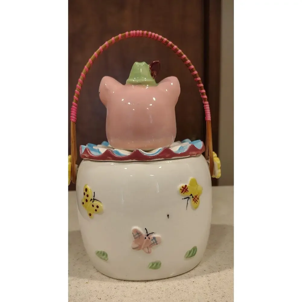 Vintage Lipper & Mann Three Little Pigs Cookie Jar Japan Wicker Handle 1950s